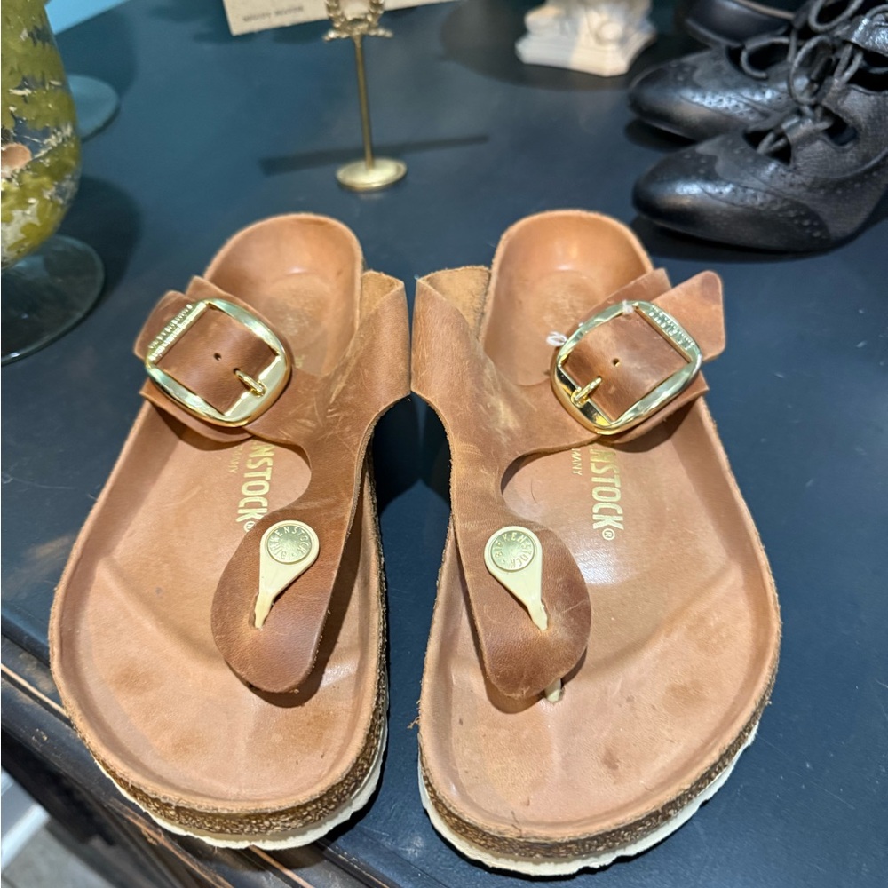Birkenstock Brown Sandals with Gold Buckles